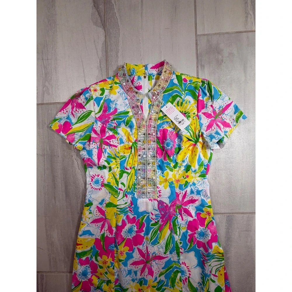 Lilly Pulitzer Floral Beaded Maxi Dress Pink Yellow Blue Short Sleeve Size 6